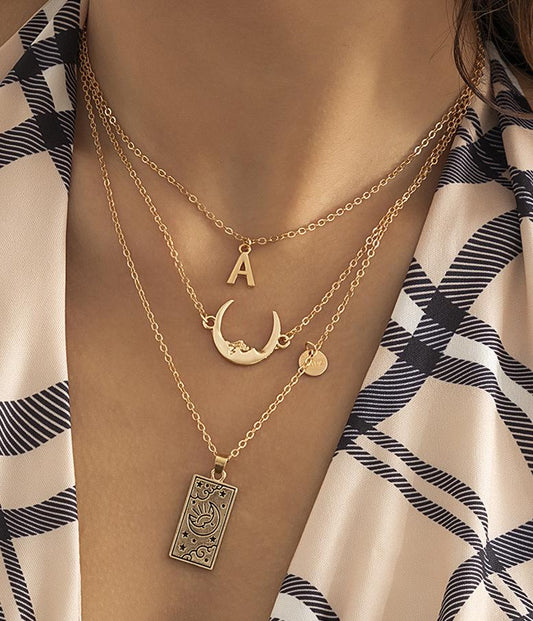 Jewelry stacked hot girl alloy portrait pendant creative star and moon letter tassel multi-layer necklace female