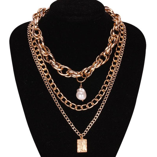 Frosty Creative Portrait Coin Metal Design Net Red Clavicle Chain Geometric Imitation Pearl Pendant Necklace