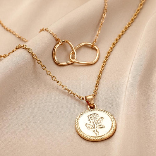 ins double-layer rose coin irregular circle necklace simple fashion all-match ladies clavicle chain