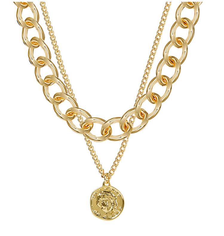 Thick chain necklace female ins trendy personality net red double clavicle chain retro round pendant short necklace