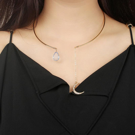 Fashion Jewelry Simple Elegant Diamond Moon Drop Ladies Short Necklace Necklace