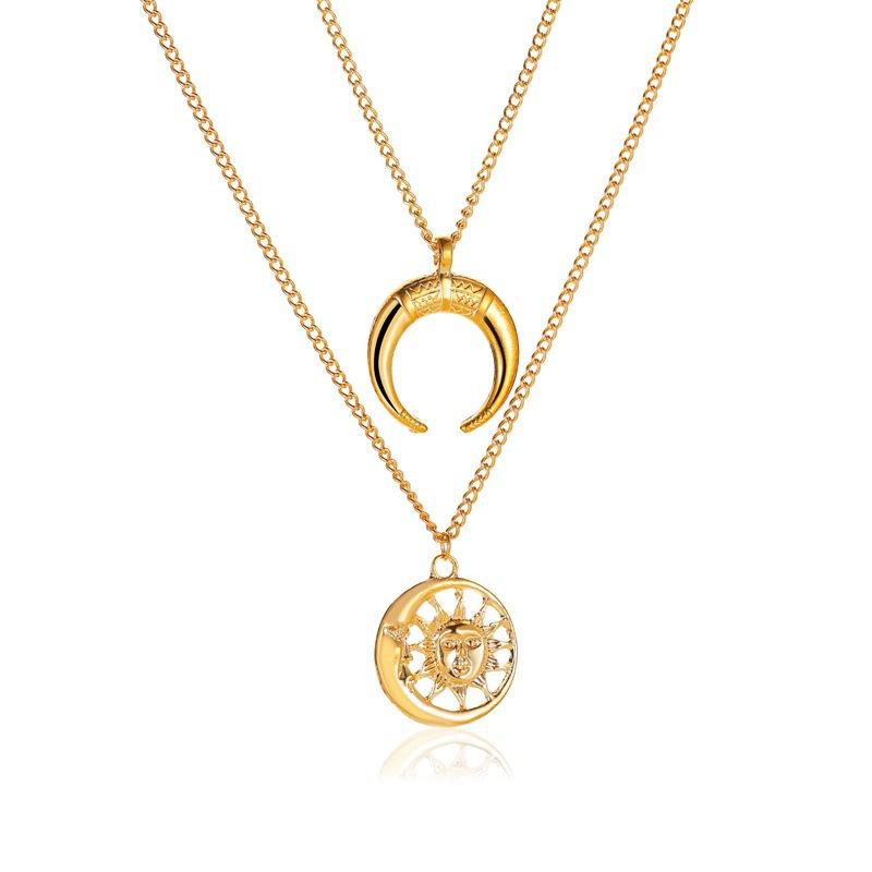 Retro Double Necklace Punk Personality Sun Moon Necklace Women's Multilayer Metal Clavicle Chain