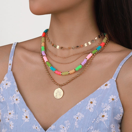 N1489 Bohemian ethnic soft pottery necklace colorful disc personality stacked holiday necklace