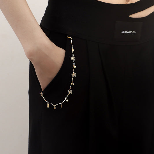 Jewelry Exquisite Hollow Butterfly Zircon Diamond Pendant Pants Bag Chain Female Ins Splicing Metal Chain Clothing