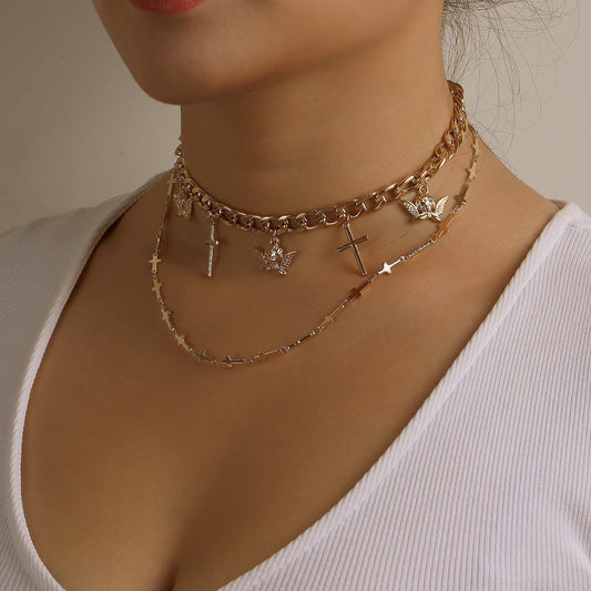 Jewelry Cross Angel Wings Pendant Necklace Double Layer Fashion Trend Metal Necklace