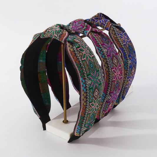 F443 Fashion Ethnic Embroidered Headband Retro Trendy Knotted Geometric Headband Exaggerated Colorful Hair Accessories