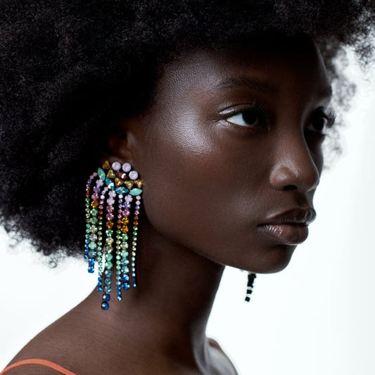 E192 Exaggerated Temperament Colorful Diamond Tassel Earrings Women's Ethnic Retro Geometric Claw Chain Light Luxury Earrings