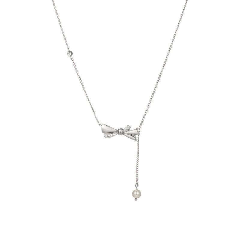 Diamond-encrusted pearl bow tassel necklace female niche design ins sexy clavicle chain simple light luxury net red