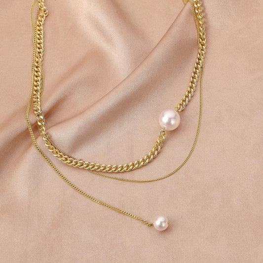 Fashion simple temperament double-layer chain ins all-match cold hip-hop pearl necklace clavicle chain female