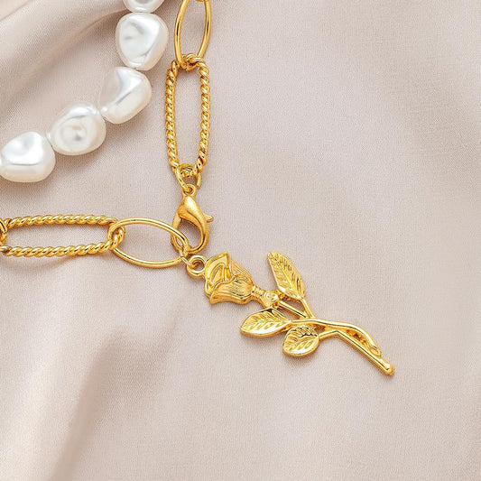 Trendy Personality Double Pearl Rose Necklace Fashion Temperament High Elegance Beautiful Sexy Necklace Women