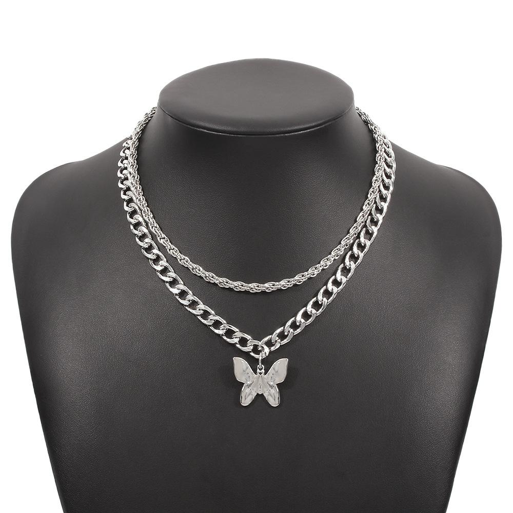 N9341 Exaggerated Double Layer Necklace Female Hip Hop Personality Thick Chain Necklace Creative Butterfly Pendant Necklace