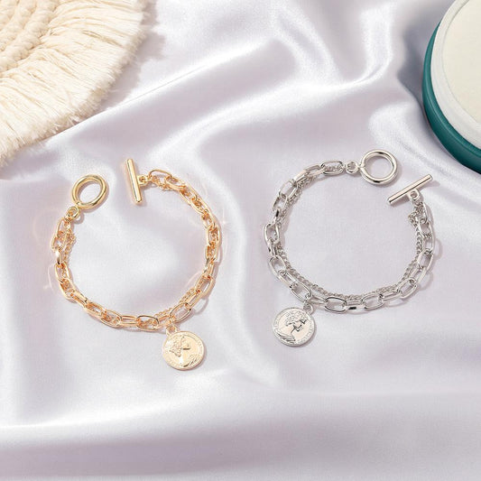 Retro ins chain personality all-match portrait round double-layer bracelet female net red avatar hand jewelry