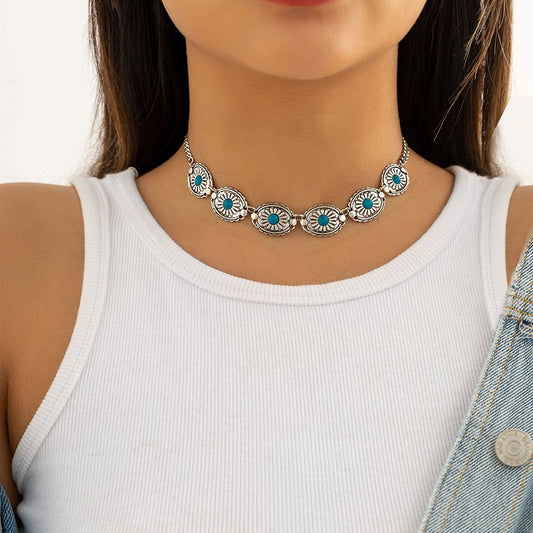 Jewelry Retro Flower Plate Micro-inlaid Turquoise Pendant Necklace Female Personality Punk Ethnic Alloy Necklace