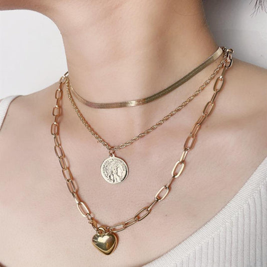 Necklace Retro Temperament Portrait Round Card Necklace Female Simple Peach Heart Metal Chain Three Layers Necklace
