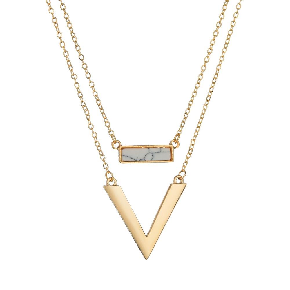 Turquoise pendant necklace V-shaped alloy double-layer clavicle chain jewelry