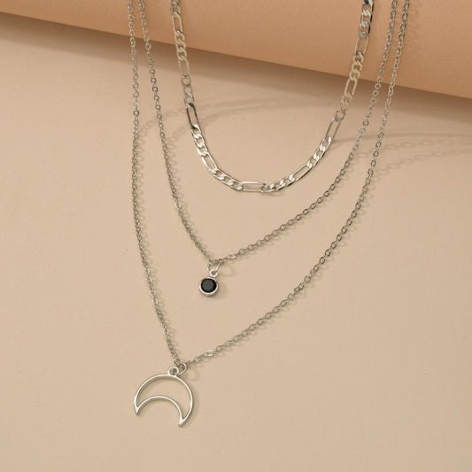 Fashion Retro Alloy Moon Black Bezel Diamond Pendant Necklace Multilayer Chain Clavicle Chain Jewelry