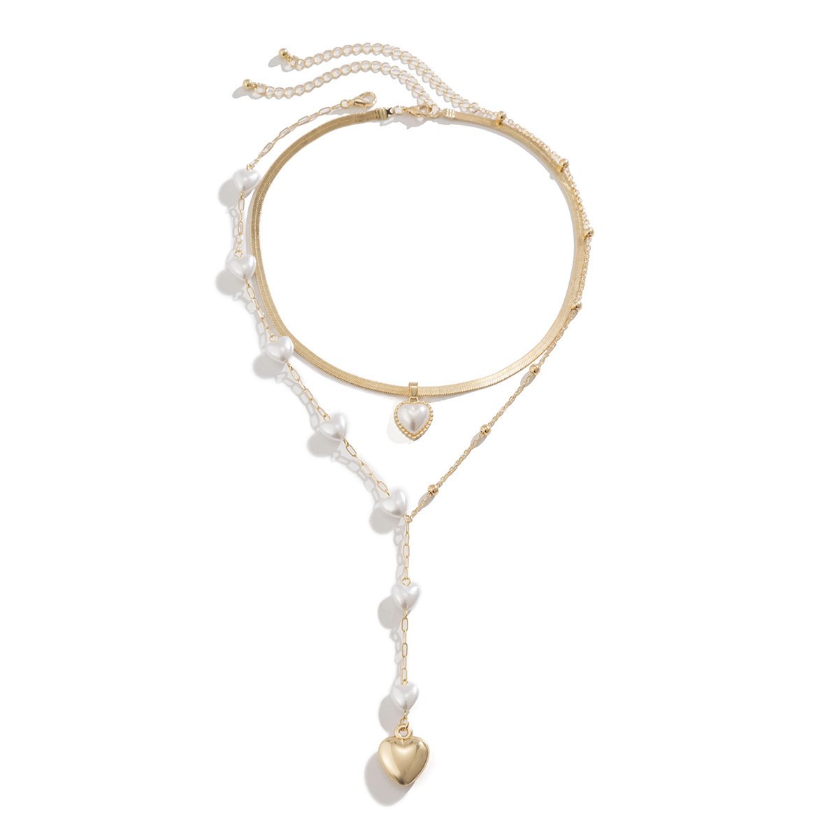 Jewelry Punk Faux Pearl Snake Chain Necklace Asymmetric Double Layer Heart Long Tassel Necklace