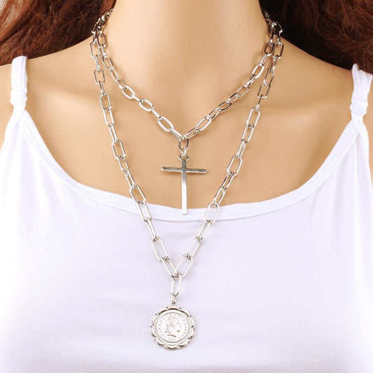 Jewelry Punk Retro Exaggerated Queen Image Necklace Multi Layered Cross Two Piece Sweater Chain