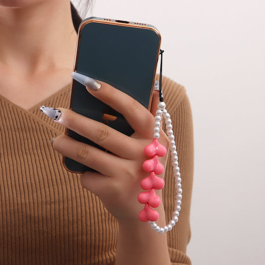 Jewelry Pink Exaggerated Geometric Love Mobile Phone Chain Female Acrylic Pearl Mobile Phone Anti-lost Lanyard