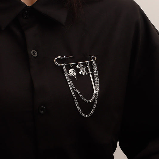 Jewelry steel color exaggerated geometric multi-element skull brooch women's long tassel brooch accessories