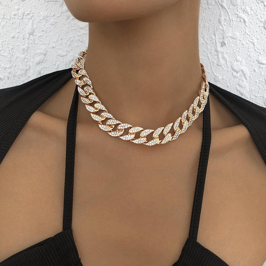 N888 Net Red Exaggerated Necklace Femininity Full Diamond Cuban Chain Necklace French Romantic Light Luxury Necklace Female