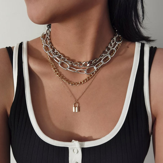Jewelry punk hip-hop multi-layer thick chain necklace female retro personality mixed color chain lock necklace