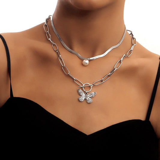 Jewelry ins fashion double bamboo snake bone chain OT buckle pearl stripe butterfly pendant necklace female