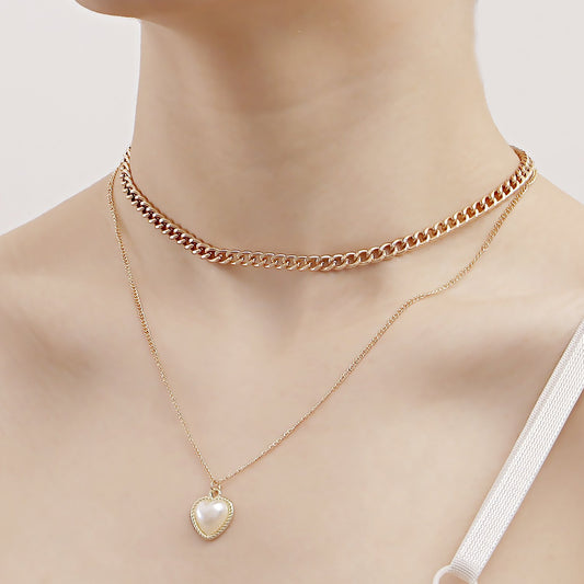 Jewelry double-layer punk clavicle chain imitation pearl love pendant necklace female ins hot girl necklace
