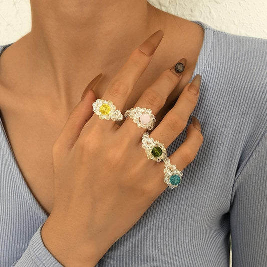 R668 Hand Jewelry Women's Transparent Imitation Crystal Contrasting Color Temperament Ring Beaded Small Fresh Geometric Set Ring