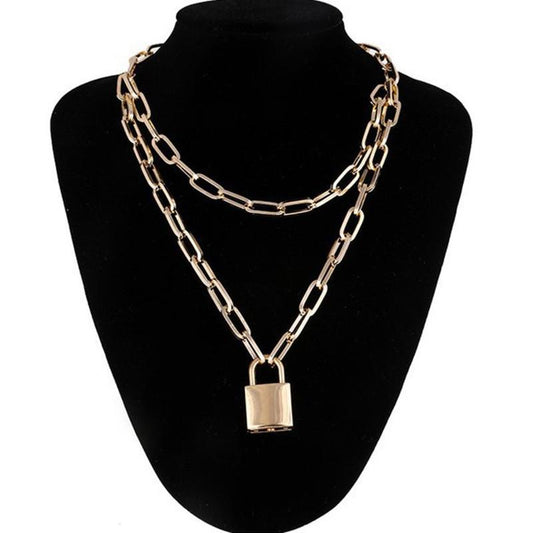 Personality Punk Hip-Hop Jewelry Lock Double Thick Chain Sweater Chain Geometric Retro Necklace