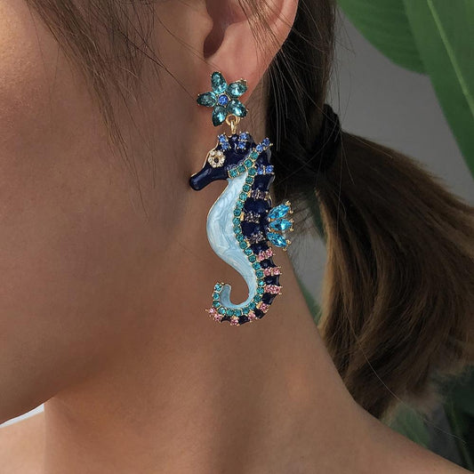 E8476 fashion ocean earrings female dripping oil hippocampus creative earrings trendy street photography animal earrings