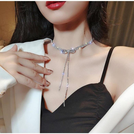 Niche bowknot diamond tassel necklace female collarbone chain personality necklace female cold accessories
