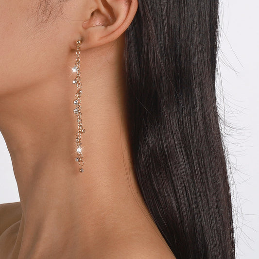 E1751 Temperament simple niche metal earrings micro-inlaid rhinestones long chain personality retro earrings