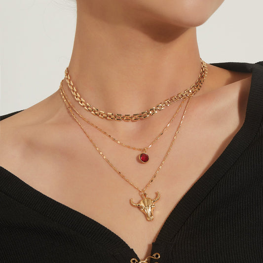 Jewelry fashion double-layer trend bull head ladies necklace personality ruby temperament popular
