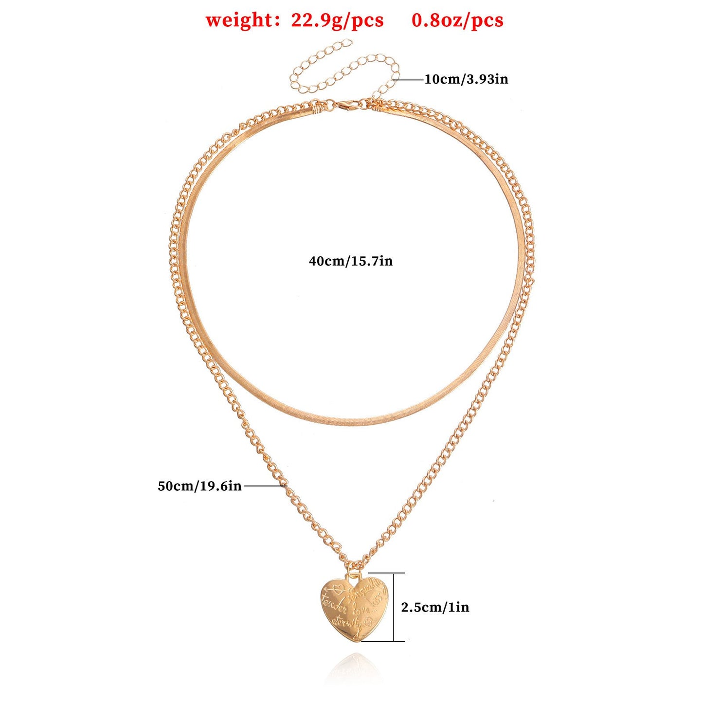 Custom Jewelry Fashion Double Flat Snake Chain LOVE Heart Pendant Necklace Female Niche Design Sense Necklace