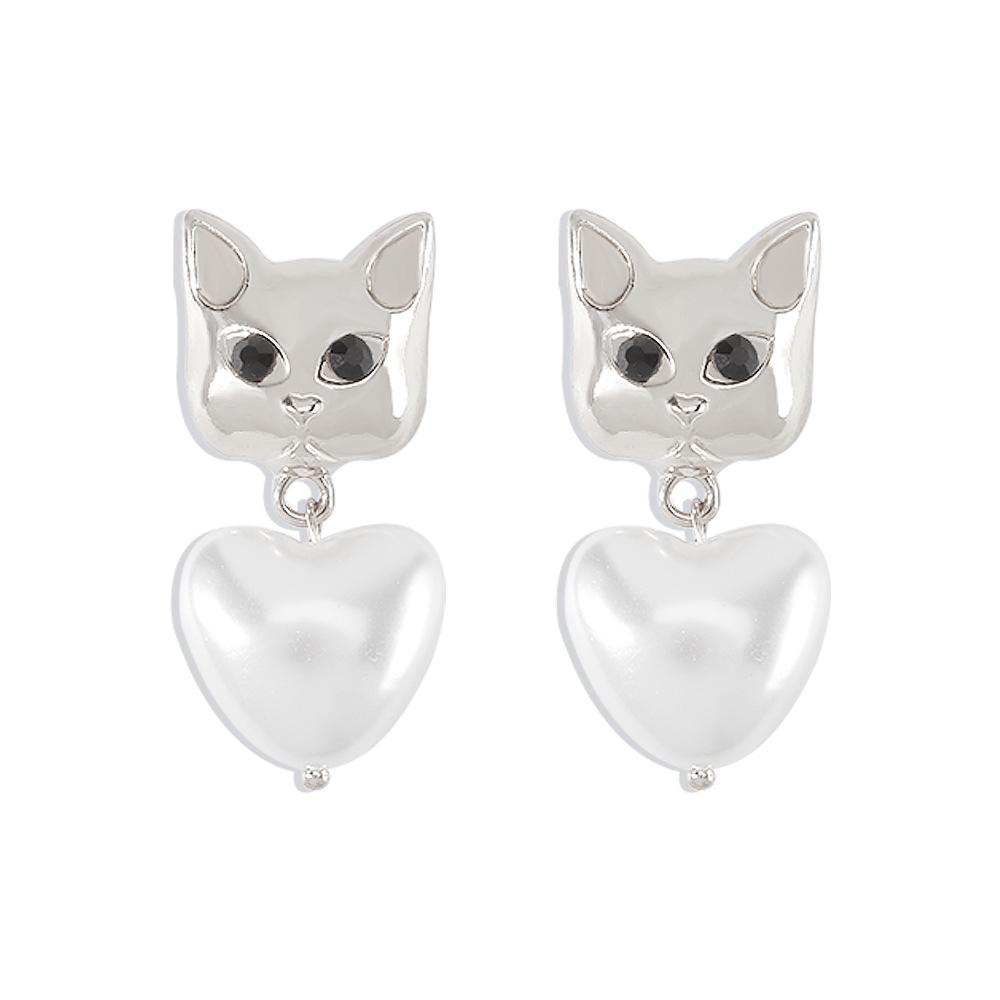 E1226 Cute Small Animal Earrings Women's Imitation Pearl Heart-Shaped Cat Small Earrings Niche Cold Earrings