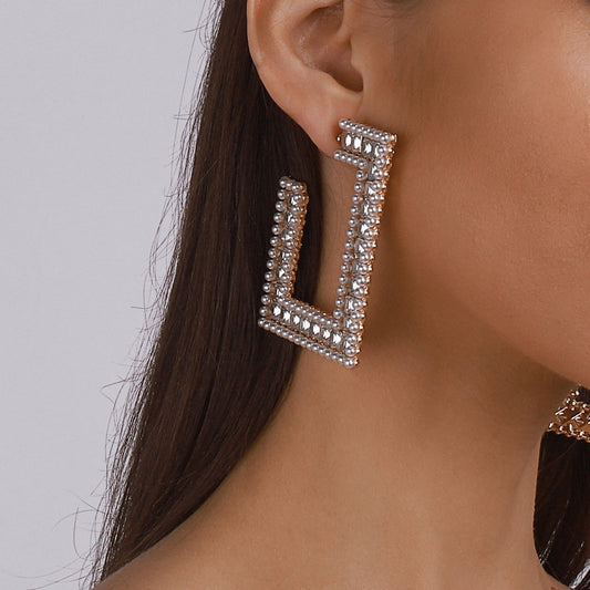 E1444 Exaggerated Design Earrings Imitation Pearl Rhinestone Square Personality Earrings Dinner Show Earrings