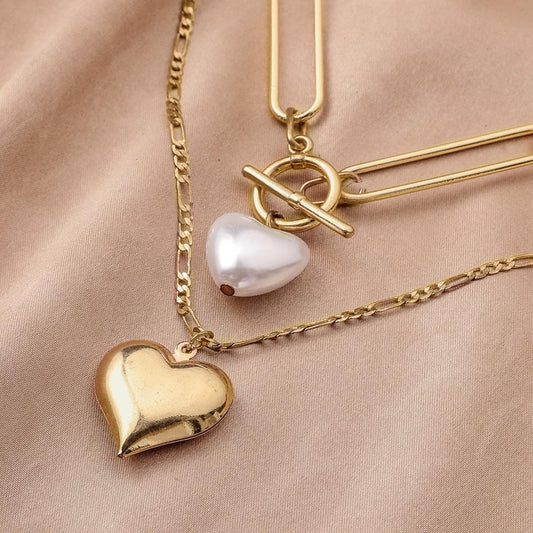 Trendy Double Love Pearl Necklace Simple Temperament Cold Peach Heart Pendant Necklace Clavicle Chain