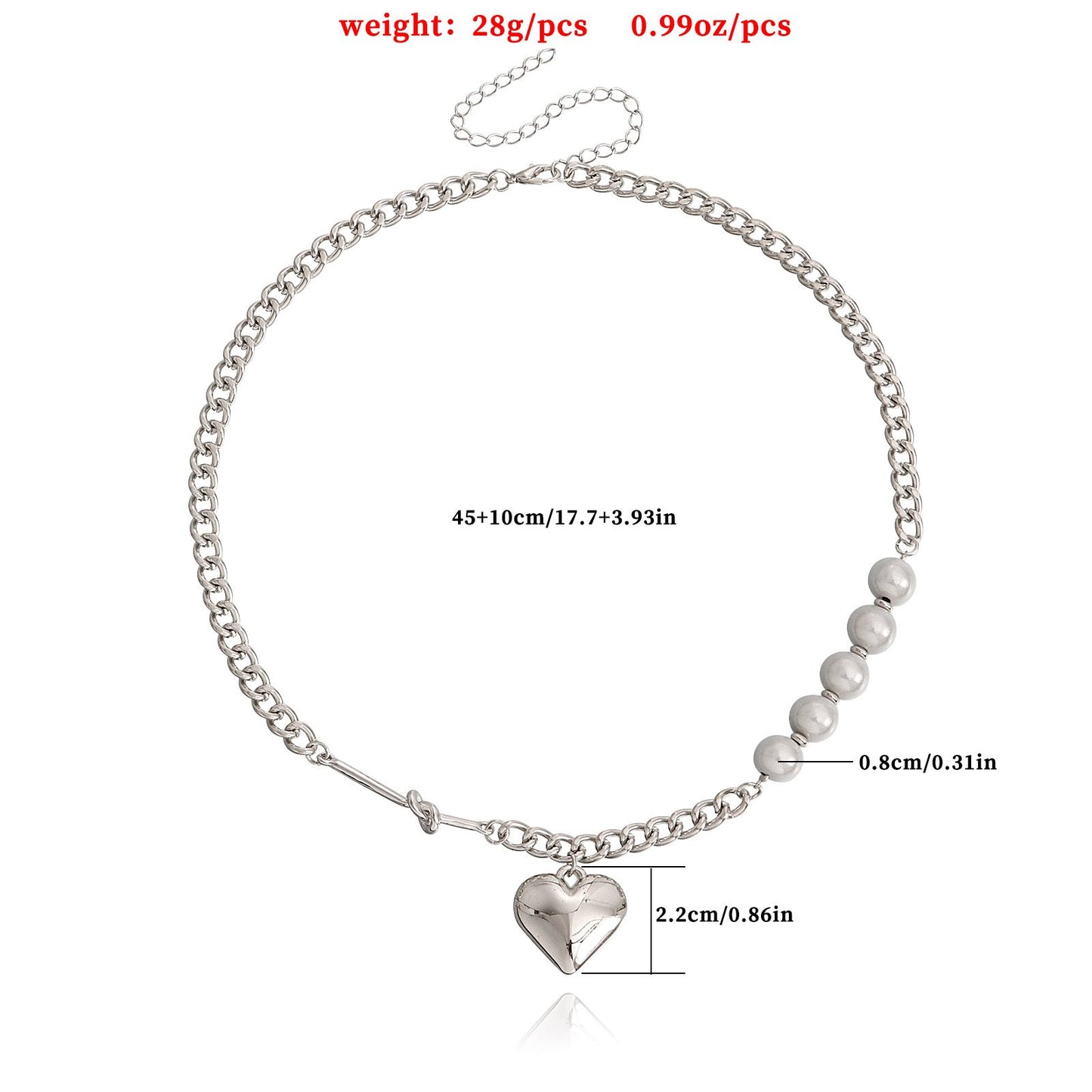 Jewelry Reflective Pearl Heart Stitching Necklace Female Hip Hop Ins Trendy Cool Clavicle Chain Accessories