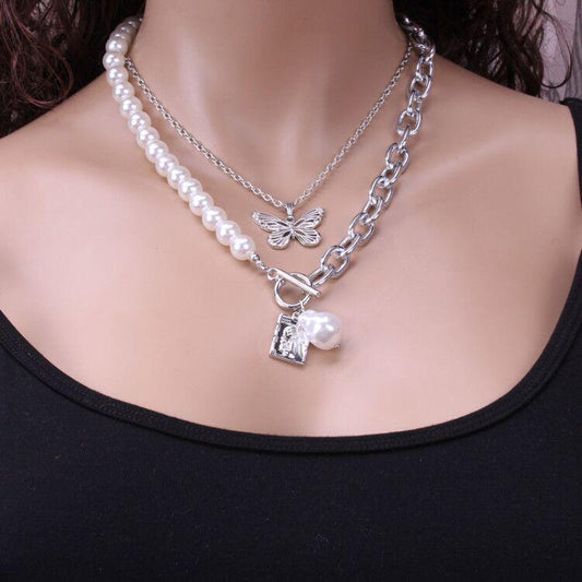 Baroque Pearl Jewelry Metal Butterfly Set Chain Retro Simple OT Buckle Necklace Multilayer Sweater Chain Necklace Female