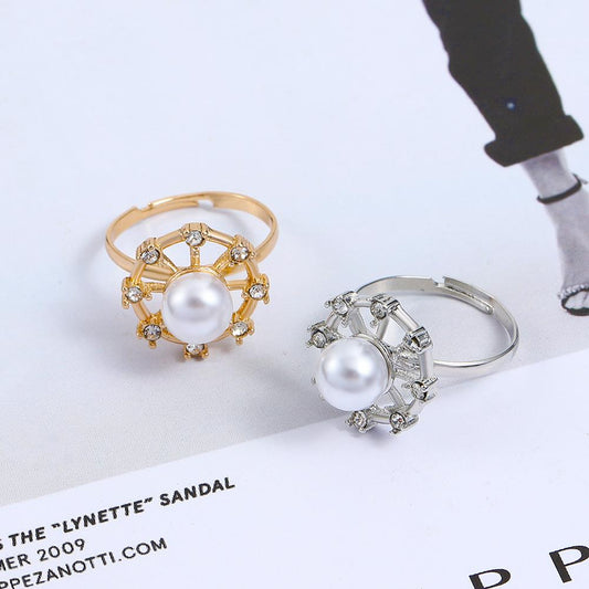 ins inlaid pearl ring female French light luxury diamond hollow flower index finger ring personality temperament ring