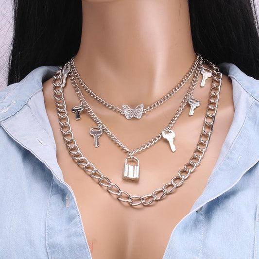 Minority Design Diamond Butterfly Necklace Female Simple Versatile Padlock Key Pendant Clavicle Chain Multi-layer Set Chain