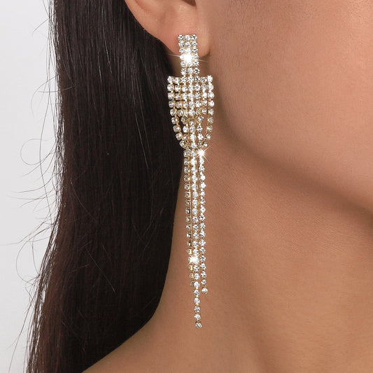 E1578 Jewelry Long Tassel Rhinestone Earrings Personalized Dinner Party Internet Celebrity Personalized Fashion Earrings