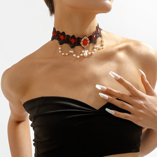 N1946 Simple Lace Resin Sexy Necklace Female Pearl Tassel Retro Gothic Geometric Necklace