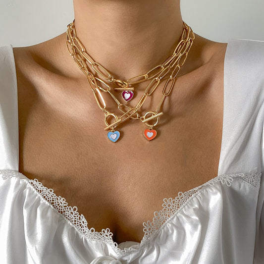 Jewelry hip-hop metal ot buckle chain collarbone necklace retro simple drop nectarine heart-shaped necklace