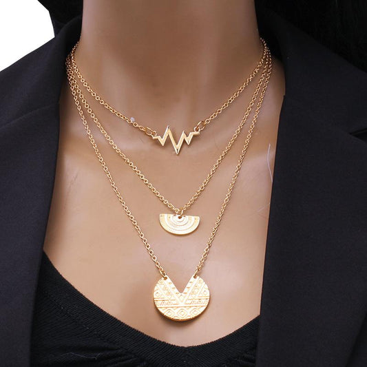 Exclusively For Fashionable Layered Necklace Bohemian Carved Half Circle Heartbeat Necklace