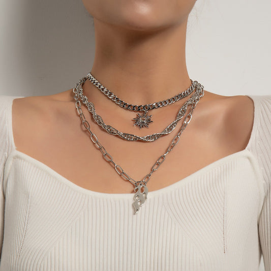 Jewelry Creative Personality Sun Flame Pendant Necklace Female Fashion Retro Versatile Multi-layered Necklace