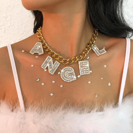 N9475 Geometric Exaggerated Necklace Net Red Punk Hip Hop Alphabet Necklace Full Diamond Light Luxury Chain Necklace