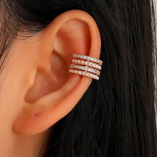 Niche zircon C-shaped ear bone clip design sense temperament multi-layer pearl no hole ear clip single French earrings