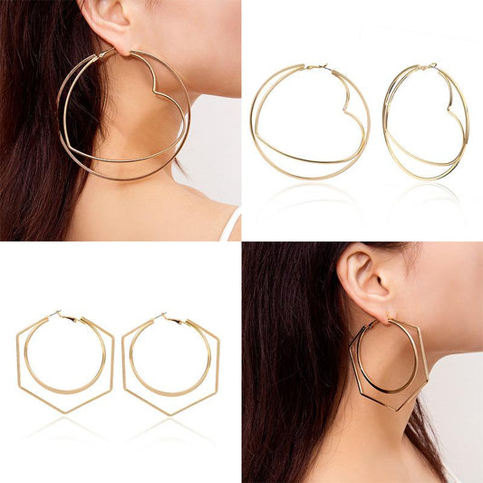 Trend Jewelry Exaggerated Hollow Hexagonal Heart Earrings Simple Geometric Rhombus Frame Round Earrings